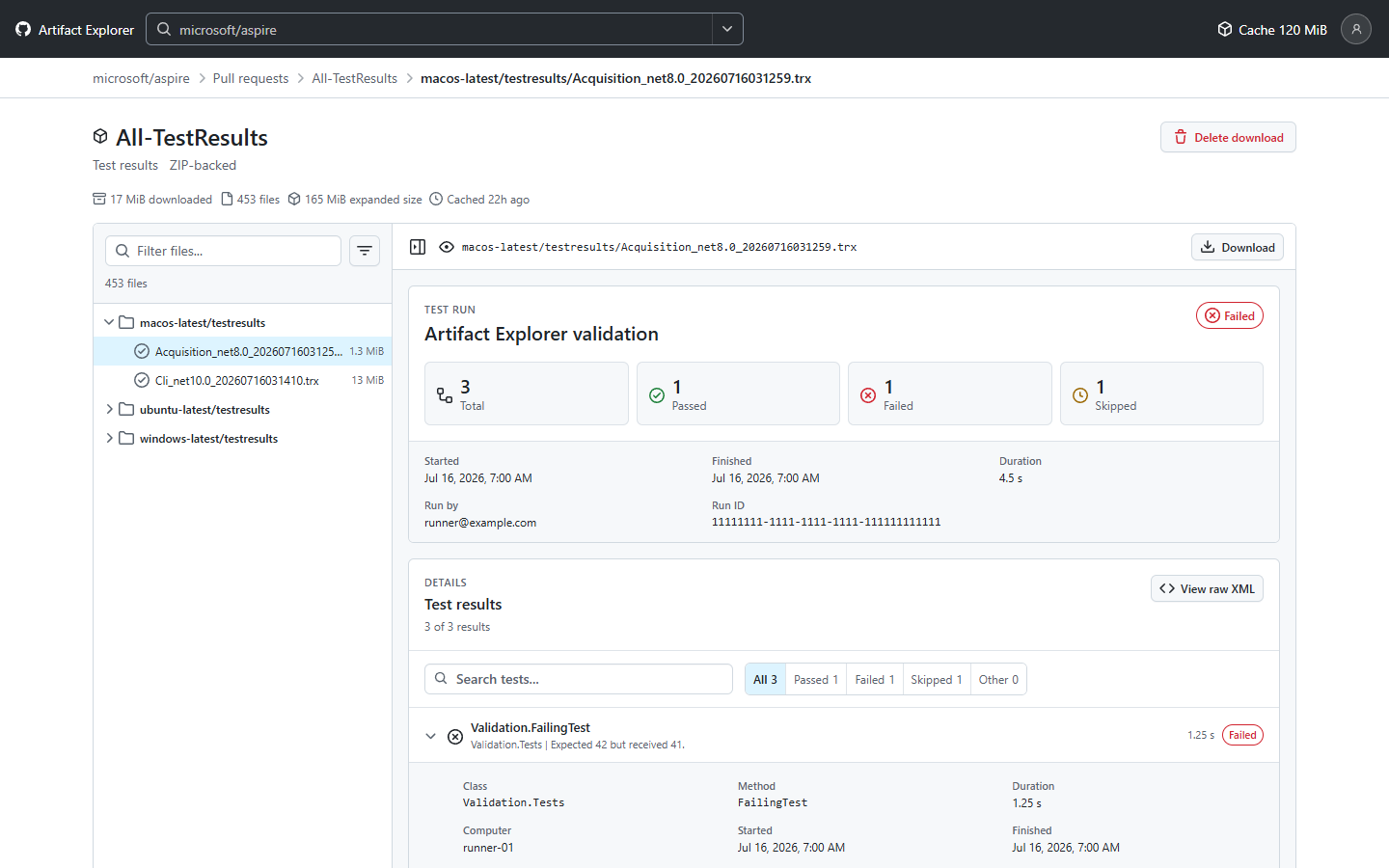 Artifact Explorer showing pull request workflow artifacts in a responsive GitHub-style interface