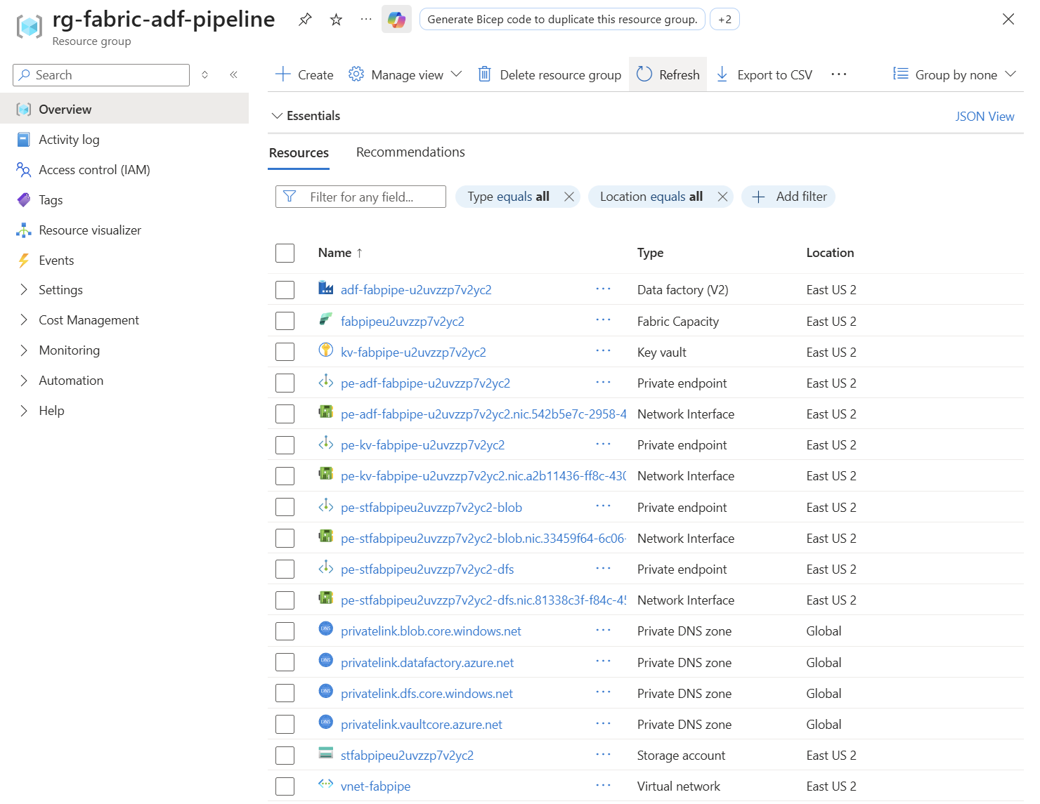 Azure Portal — deployed resources